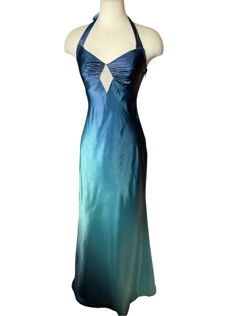 Vintage Y2K Linda Bernell Ombre Blue Halter Party Prom Gown Maxi Dress Size Smal
